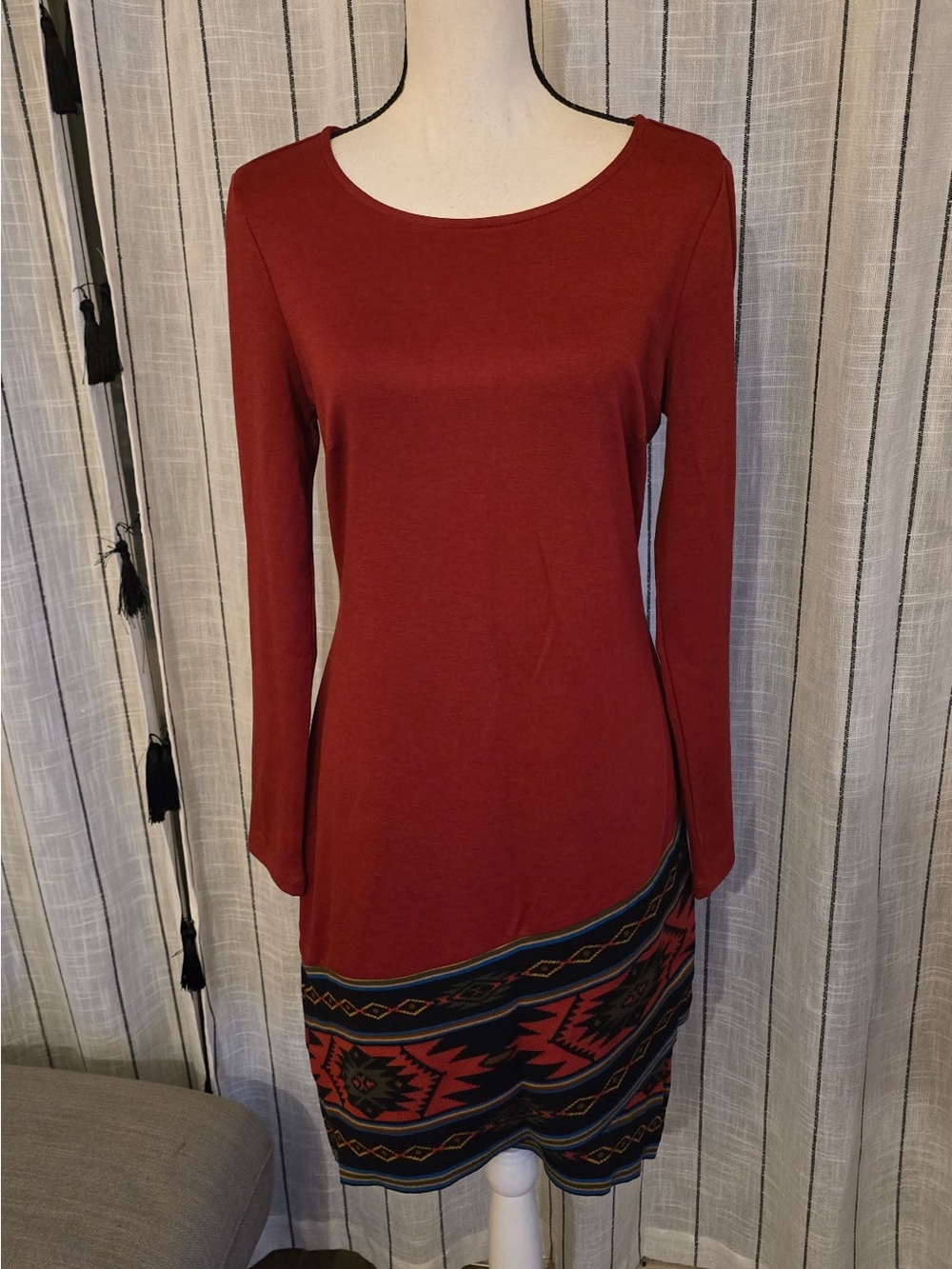 Spense Long-Sleeve Dress in Rust with Aztec Print Hem